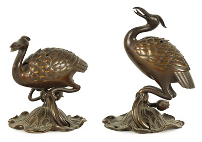Lot 167 - A PAIR OF JAPANESE MEIJI PERIOD BRONZE AND GOLD INLAID CENSERS