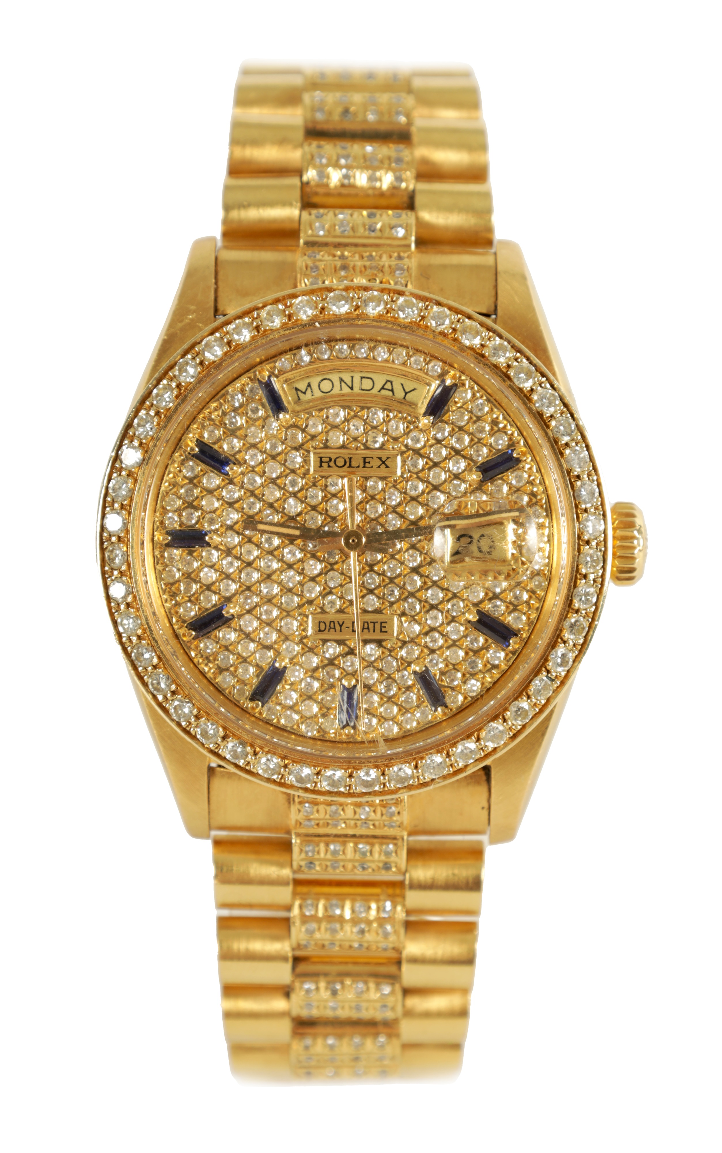 Rolex President Day-Date gold diamond and sapphire wristwatch sold by Hutchinson Scott