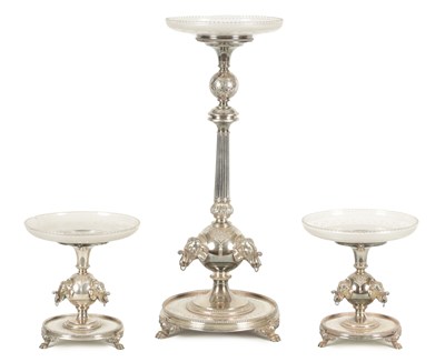 Lot 349 - A 19TH CENTURY SILVER PLATED THREE PIECE GARNITURE EPERGNE