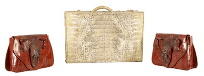 Lot 660 - A VINTAGE STITCHED CREAM CROCODILE SKIN SMALL SUITE CASE