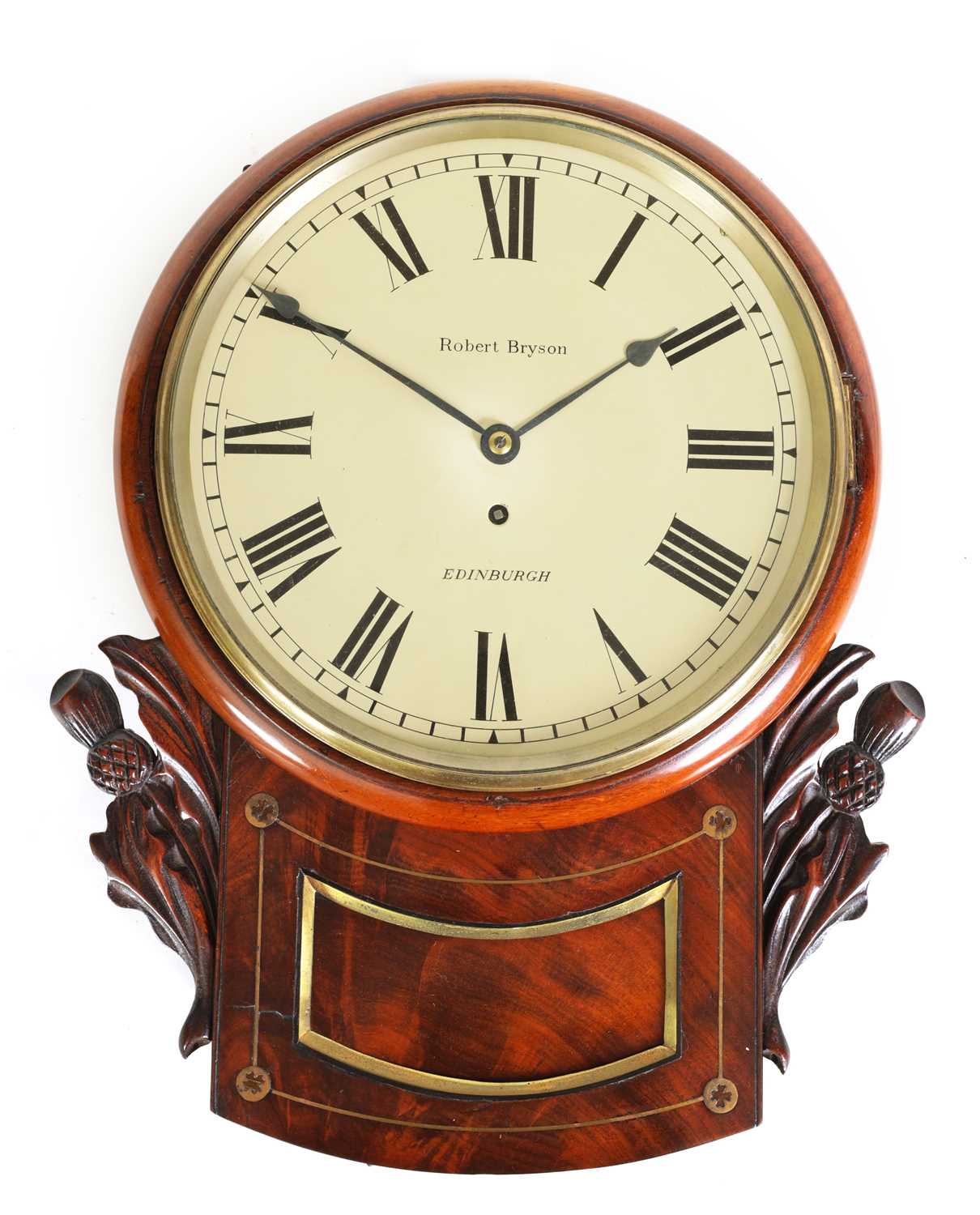 Lot 518 - ROBERT BRYSON, EDINBURGH. A LATE REGENCY SCOTTISH FIGURED MAHOGANY FUSEE WALL CLOCK