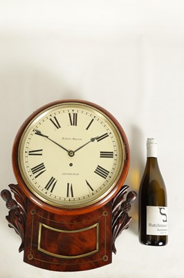 Lot 518 - ROBERT BRYSON, EDINBURGH. A LATE REGENCY SCOTTISH FIGURED MAHOGANY FUSEE WALL CLOCK