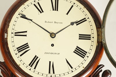 Lot 518 - ROBERT BRYSON, EDINBURGH. A LATE REGENCY SCOTTISH FIGURED MAHOGANY FUSEE WALL CLOCK