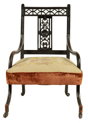 Lot 714 - A LATE 19TH CENTURY ARTS AND CRAFTS STYLE EBONISED SIDE CHAIR