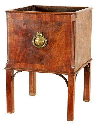 Lot 675 - A GEORGE III CROSS-BANDED AND FIGURED MAHOGANY SQUARE WINE COOLER