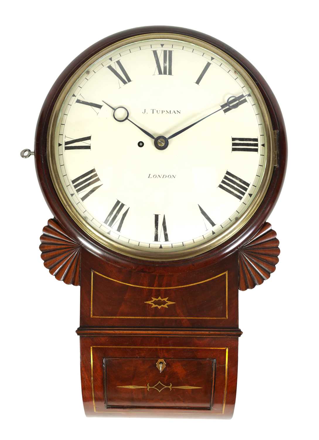Lot 389 - J. TUPMAN, LONDON. A REGENCY CONVEX DIAL BRASS INLAID MAHOGANY FUSEE WALL CLOCK