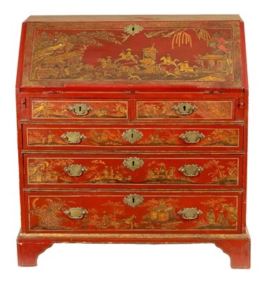 Lot 784 - AN ENGLISH GEORGE III SCARLET LACQUER CHINOISERIE BUREAU