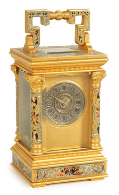 Lot 490 - A GOOD LATE 19TH CENTURY GILT BRASS AND CHAMPLEVE ENAMEL MINIATURE CARRIAGE CLOCK