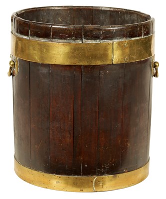 Lot 760 - A GEORGE III CYLINDRICAL COOPERED MAHOGANY BRASS BOUND PEAT BUCKET