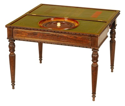Lot 741 - A FINE EARLY 19TH CENTURY BRASS INLAID ROSEWOOD GAMES TABLE/ROULETTE WHEEL