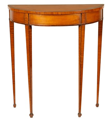Lot 739 - A GEORGE III FIGURED SATINWOOD DEMILUNE SIDE TABLE