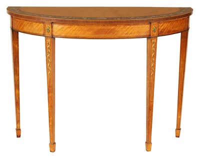 Lot 767 - A FINE FIGURED SATINWOOD AND PAINTED DEMILUNE PIER TABLE