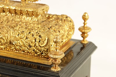 Lot 524 - JOSEPH WINDMILLS, LONDON. A FINE WILLIAM AND MARY EBONY VENEERED GILT BRASS MOUNTED BASKET TOP BRACKET CLOCK