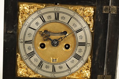 Lot 524 - JOSEPH WINDMILLS, LONDON. A FINE WILLIAM AND MARY EBONY VENEERED GILT BRASS MOUNTED BASKET TOP BRACKET CLOCK