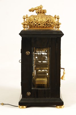 Lot 524 - JOSEPH WINDMILLS, LONDON. A FINE WILLIAM AND MARY EBONY VENEERED GILT BRASS MOUNTED BASKET TOP BRACKET CLOCK