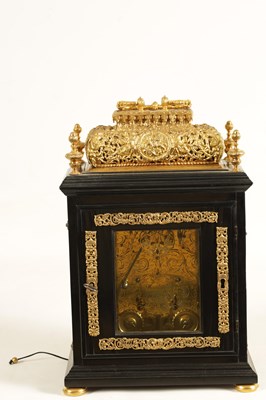 Lot 524 - JOSEPH WINDMILLS, LONDON. A FINE WILLIAM AND MARY EBONY VENEERED GILT BRASS MOUNTED BASKET TOP BRACKET CLOCK