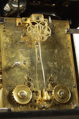 Lot 524 - JOSEPH WINDMILLS, LONDON. A FINE WILLIAM AND MARY EBONY VENEERED GILT BRASS MOUNTED BASKET TOP BRACKET CLOCK