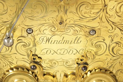 Lot 524 - JOSEPH WINDMILLS, LONDON. A FINE WILLIAM AND MARY EBONY VENEERED GILT BRASS MOUNTED BASKET TOP BRACKET CLOCK