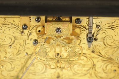Lot 524 - JOSEPH WINDMILLS, LONDON. A FINE WILLIAM AND MARY EBONY VENEERED GILT BRASS MOUNTED BASKET TOP BRACKET CLOCK