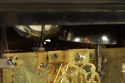 Lot 524 - JOSEPH WINDMILLS, LONDON. A FINE WILLIAM AND MARY EBONY VENEERED GILT BRASS MOUNTED BASKET TOP BRACKET CLOCK