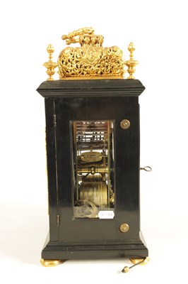 Lot 524 - JOSEPH WINDMILLS, LONDON. A FINE WILLIAM AND MARY EBONY VENEERED GILT BRASS MOUNTED BASKET TOP BRACKET CLOCK