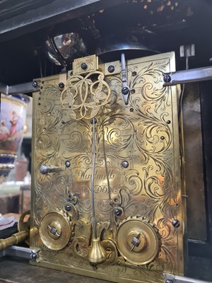 Lot 524 - JOSEPH WINDMILLS, LONDON. A FINE WILLIAM AND MARY EBONY VENEERED GILT BRASS MOUNTED BASKET TOP BRACKET CLOCK