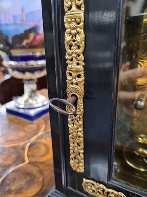 Lot 524 - JOSEPH WINDMILLS, LONDON. A FINE WILLIAM AND MARY EBONY VENEERED GILT BRASS MOUNTED BASKET TOP BRACKET CLOCK