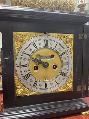 Lot 524 - JOSEPH WINDMILLS, LONDON. A FINE WILLIAM AND MARY EBONY VENEERED GILT BRASS MOUNTED BASKET TOP BRACKET CLOCK