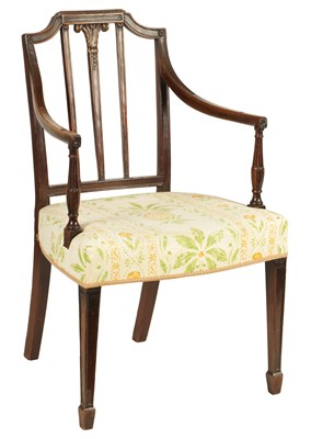 Lot 728 - A GEORGE III SHERATON STYLE MAHOGANY OPEN ARMCHAIR