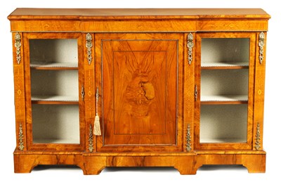 Lot 752 - A 19TH CENTURY INLAID  FIGURED WALNUT BREAKFRONT CREDENZA / SIDE CABINET