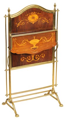 Lot 772 - AN UNUSUAL EDWARDIAN MARQUETRY INLAID MAHOGANY AND BRASS FRAMED FIRE SCREEN