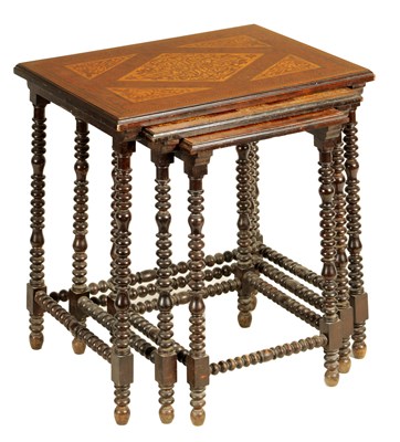 Lot 783 - A SET OF THREE 19TH CENTURY CONTINENTAL AMBOYNA AND MARQUETRY INLAID NEST OF TABLES