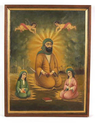 Lot 355 - A LATE 19TH CENTURY QAJAR OIL ON CANVAS PORTRAIT OF IMAM ALI AND HIS SONS