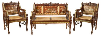 Lot 665 - A LATE 19TH CENTURY  EGYPTIAN REVIVAL MIDDLE EASTERN IVORY AND COLOURED MOTHER OF PEARL INLAID HARDWOOD THREE PIECE SUITE