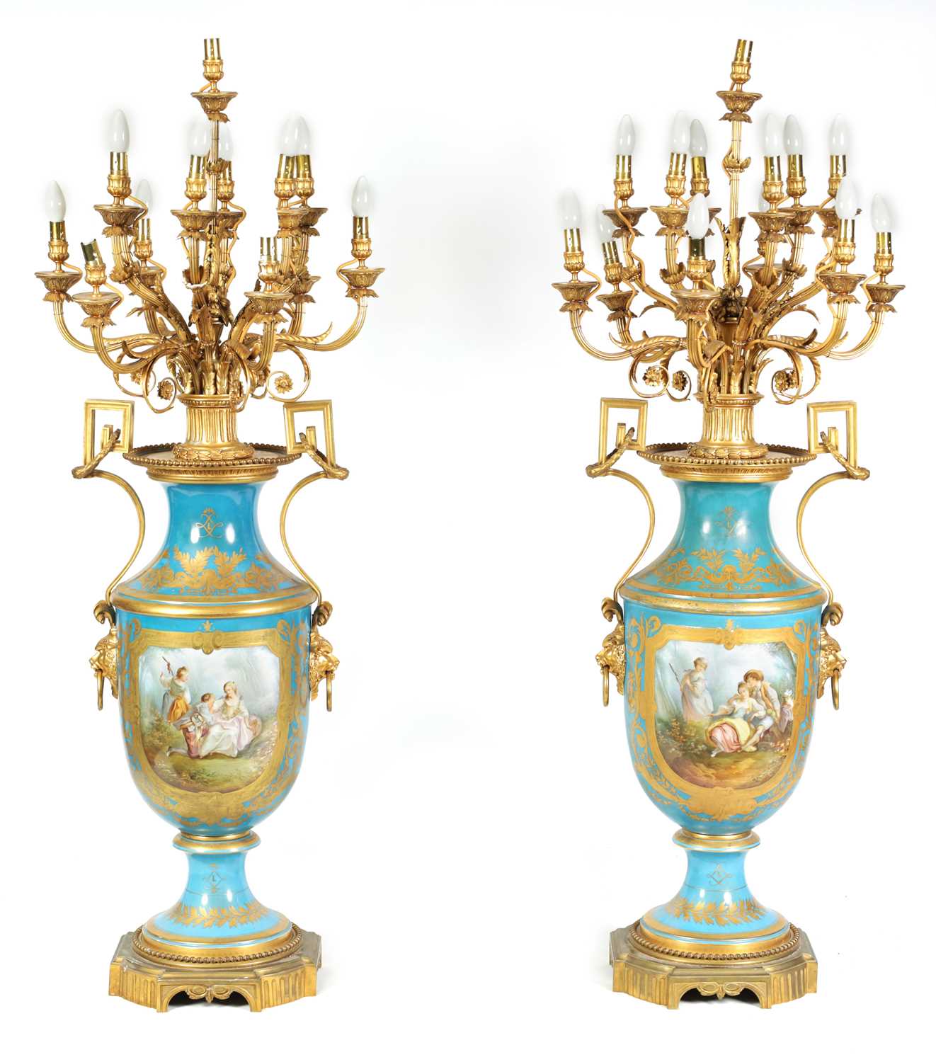 Lot 603 - A FINE AND MONUMENTAL PAIR OF FRENCH 19TH CENTURY GILT OROMLU AND SERVES PORCELAIN FLOOR STANDING VASE SHAPED CANDELABRA