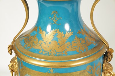 Lot 603 - A FINE AND MONUMENTAL PAIR OF FRENCH 19TH CENTURY GILT OROMLU AND SERVES PORCELAIN FLOOR STANDING VASE SHAPED CANDELABRA