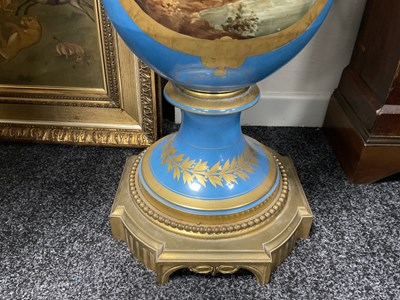 Lot 603 - A FINE AND MONUMENTAL PAIR OF FRENCH 19TH CENTURY GILT OROMLU AND SERVES PORCELAIN FLOOR STANDING VASE SHAPED CANDELABRA