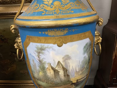 Lot 603 - A FINE AND MONUMENTAL PAIR OF FRENCH 19TH CENTURY GILT OROMLU AND SERVES PORCELAIN FLOOR STANDING VASE SHAPED CANDELABRA