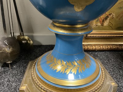 Lot 603 - A FINE AND MONUMENTAL PAIR OF FRENCH 19TH CENTURY GILT OROMLU AND SERVES PORCELAIN FLOOR STANDING VASE SHAPED CANDELABRA