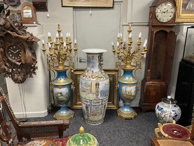 Lot 603 - A FINE AND MONUMENTAL PAIR OF FRENCH 19TH CENTURY GILT OROMLU AND SERVES PORCELAIN FLOOR STANDING VASE SHAPED CANDELABRA