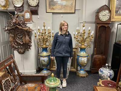 Lot 603 - A FINE AND MONUMENTAL PAIR OF FRENCH 19TH CENTURY GILT OROMLU AND SERVES PORCELAIN FLOOR STANDING VASE SHAPED CANDELABRA
