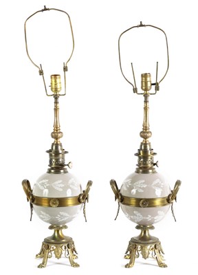 Lot 548 - A PAIR OF LATE 19TH CENTURY CAST GILT BRASS OIL LAMPS CONVERTED FOR ELECTRICITY
