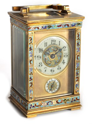 Lot 1143 - A LATE 19TH CENTURY CHAMPLEVE ENA`MEL AND BRASS CASED TIMEPIECE CARRIAGE CLOCK