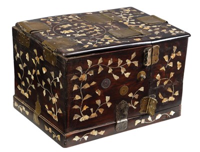 Lot 203 - A 19TH CENTURY CHINESE HARDWOOD AND MOTHER OF PEARL INLAID PORTABLE DRESSING BOX