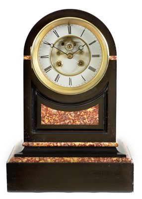 Lot 383 - A 19TH CENTURY BLACK SLATE AND PINK MARBLE PANELLED MANTEL CLOCK