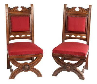 Lot 759 - A LARGE PAIR OF LATE 19TH CENTURY CARVED MAHOGANY UPHOLSTERED HALL CHAIRS