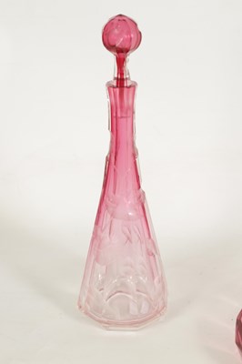 Lot 31 - AN ART NOUVEAU RUBY AND CLEAR GLASS MOSER DECANTER, TRAY AND SIX GLASSES