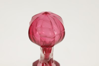 Lot 31 - AN ART NOUVEAU RUBY AND CLEAR GLASS MOSER DECANTER, TRAY AND SIX GLASSES