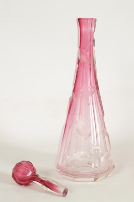 Lot 31 - AN ART NOUVEAU RUBY AND CLEAR GLASS MOSER DECANTER, TRAY AND SIX GLASSES