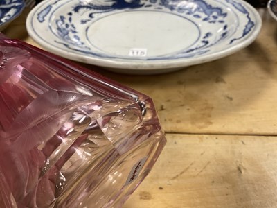 Lot 31 - AN ART NOUVEAU RUBY AND CLEAR GLASS MOSER DECANTER, TRAY AND SIX GLASSES